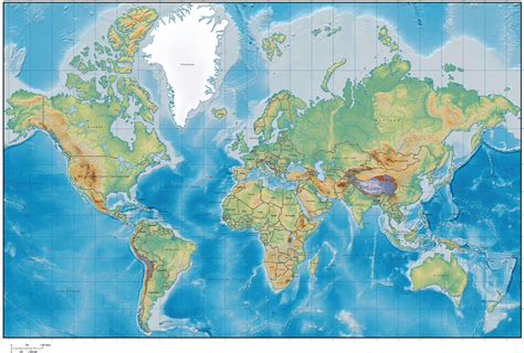 World Map with Land and Ocean Floor Terrain and Country Names in Dutch