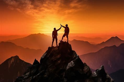 Premium AI Image | Two friend hikers giving high five during sunset in mountains