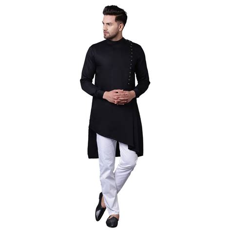 Modern Jama Style Asymmetric Black Men'S Kurta With White Trousers - I Know - 2746813