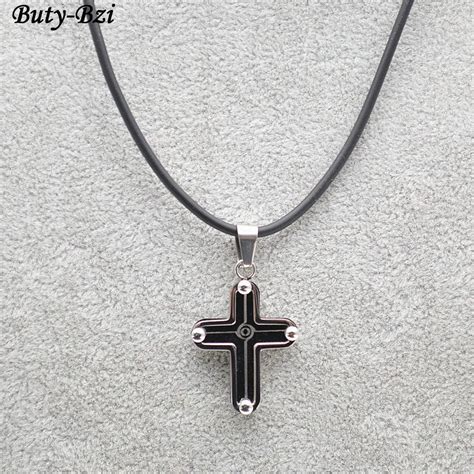 Black Stainless Steel Metal Cross Pendant Black Leather Cord Necklace ...