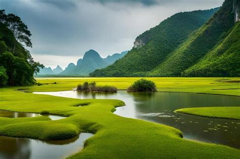 Premium Photo | A green landscape with mountains and mountains in the background