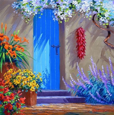 (usa) Blue doors in Santa Fe by Mikki Senkarik (1954- ). oil on canvas ...