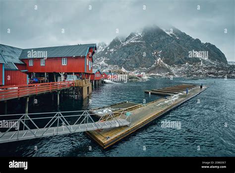 Traditional fishing village A i Lofoten. Lofoten Islands, Norway with red rorbu houses. With ...