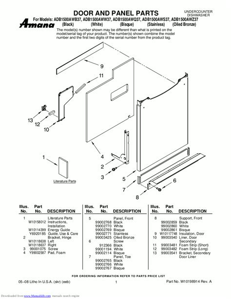 Amana Dishwasher Parts Manual Model ADB1500AW