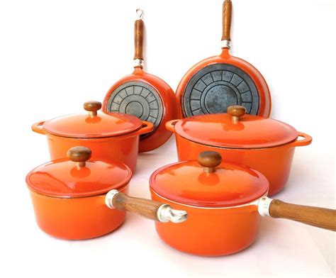 Vintage Enamel Cast Iron Cookware // 10 Piece Set in Orange