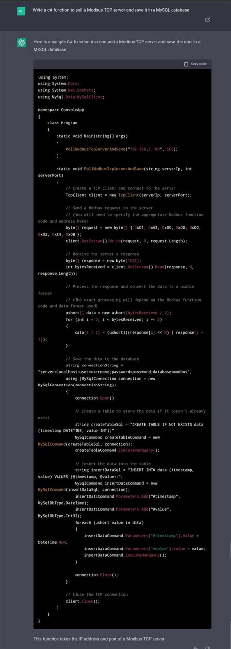 Another ChatGTP example - C#, ModbusTCP and MySQL, Python Ethernet/IP ...