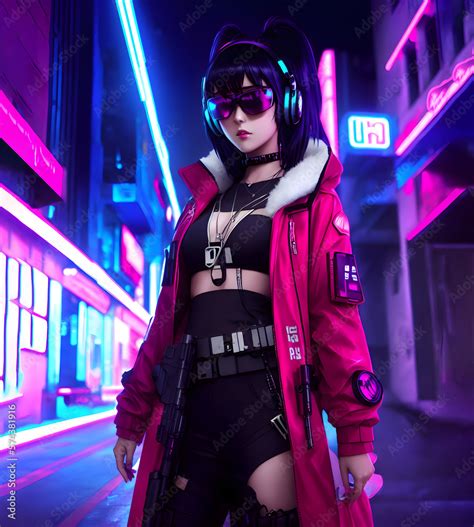 Futuristic Cyberpunk Anime Girl - Generative Illustration AI Stock Illustration | Adobe Stock