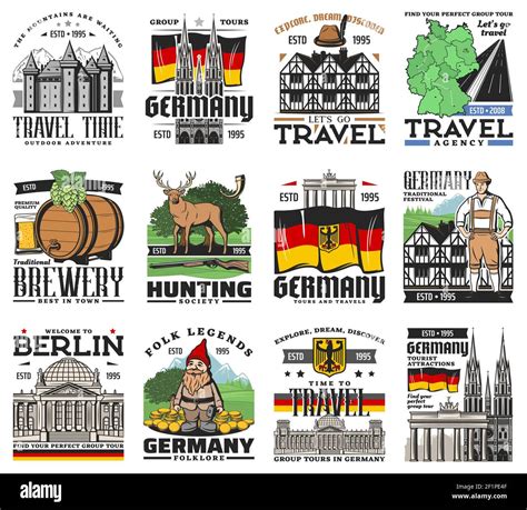 Germany travel icons, German map, Berlin and Munich landmarks, vector ...