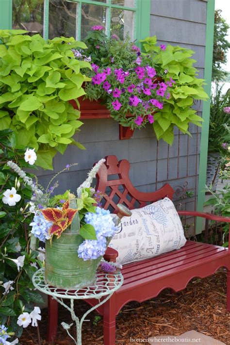 A New Red Bench & Blooms Around the Potting Shed | Cottage garden ...