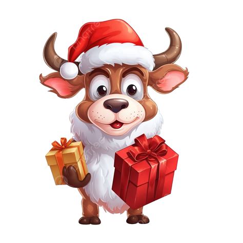 Beautiful Cartoon Cow In Santa Suit Is Packing Christmas Gift, Symbol ...