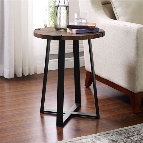 Rustic Wood and Metal Round Dark Walnut End Table by Manor Park, Walnut ...