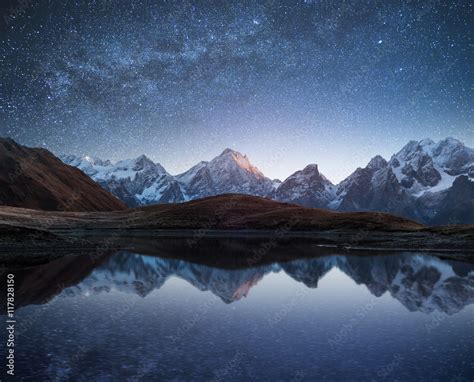 Night landscape with a mountain lake and a starry sky Stock Photo ...