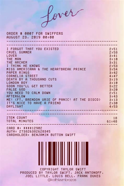 LOVER - TAYLOR SWIFT | ALBUM RECEIPT | Taylor swift lyrics, Taylor swift album, Taylor swift posters