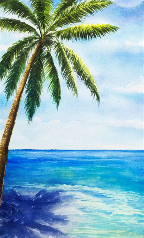 Seaside coconut tree watercolor illustrations vector free download