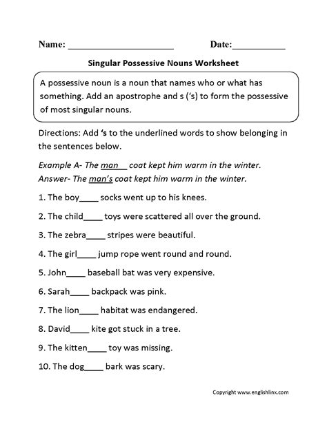 Possessive Nouns Worksheets | Singular Possessive Nouns Worksheets