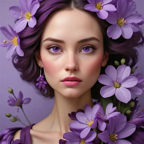 a women wearing purple flowers, award-winning photog...