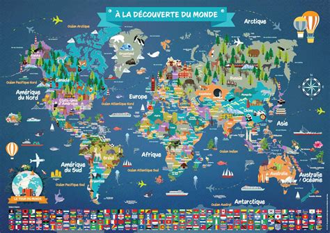 Grand Planisphère Mural Illustré Poster Carte du Monde pour Enfant en Français 5 ans Monuments ...