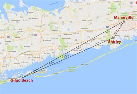 Map showing distance between Gilgo Beach, Bittrolf's home in Shirley, New York, and Manorville ...