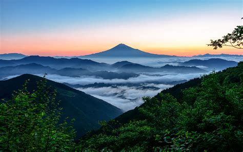 mist, clouds, mountains, landscape, sunset, Mount Fuji, Japan HD Wallpaper