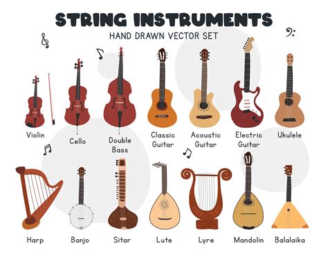 String instruments vector set. Simple cute violin, cello, double bass, classic, acoustic guitar ...