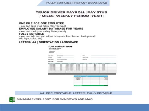 Truck Driver Pay Roll Earning Statement Template Pay Slip Creator for Truck Driver Mile Excel ...