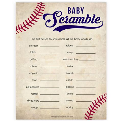 Baby Shower Word Scramble - Baseball Printable Baby Shower Games ...