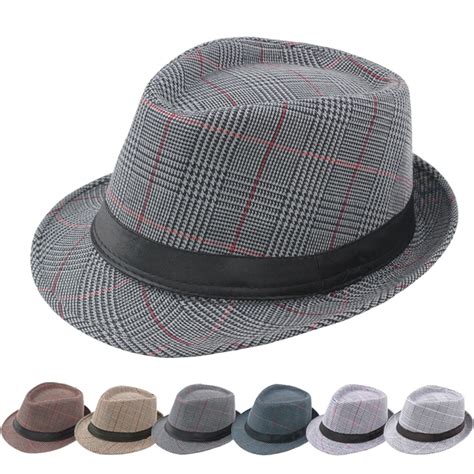 Men Fashion Dad Fedora Hat Vintage Plaid Gentleman Hats Jazz Caps Woolen Wide Brim Church Cap ...