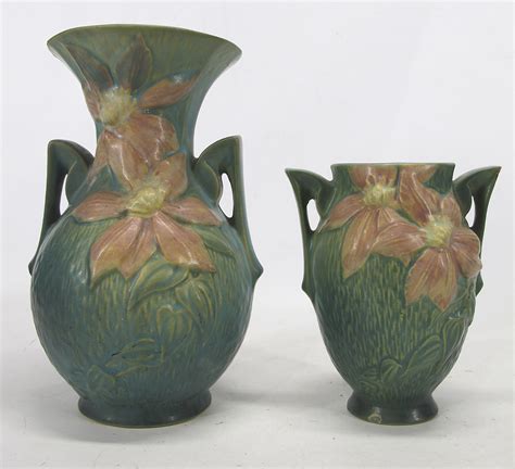 (2) Antique Roseville Pottery Clematis Green Handled Vases 109-9 102-6 ...