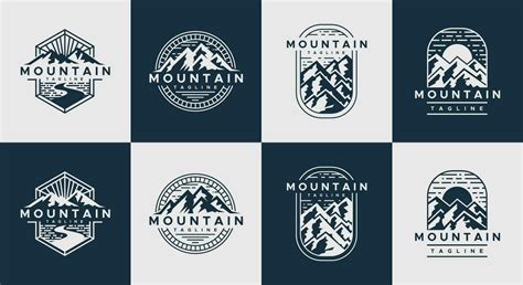 Vintage line mountain peak logo design set. Retro mountain hill emblem ...