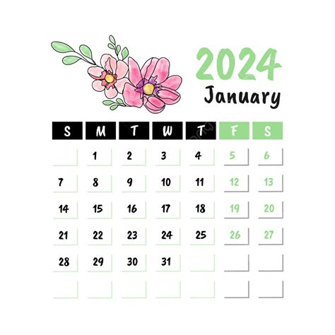 Calendario Floral Mensual Para Enero De 2024 Vector PNG ,dibujos ...