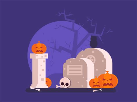 halloween scene with tombstones and jack - o'- lanterns