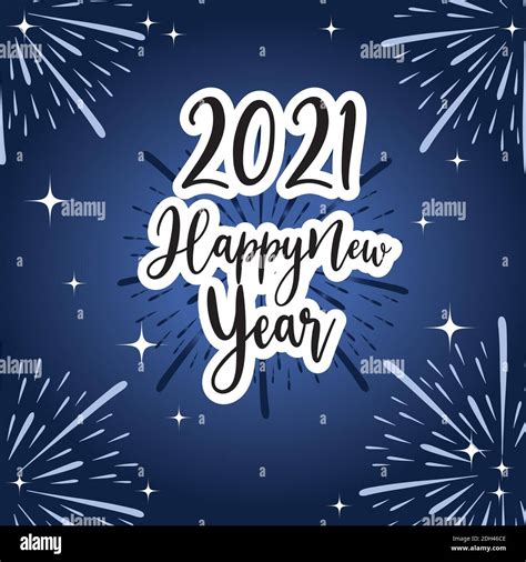 happy new year 2021 fireworks celebration and handwritten lettering ...