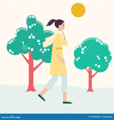 Young Girl Walking in Nature during Summer, Cartoon Woman with Active ...