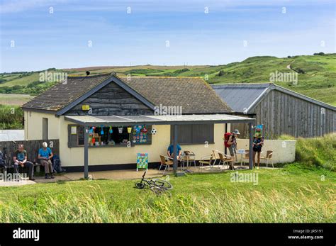 Cafe at Gunwalloe Beach, Lizard Peninsula, Cornwall, UK in summer with South West Coast Path ...