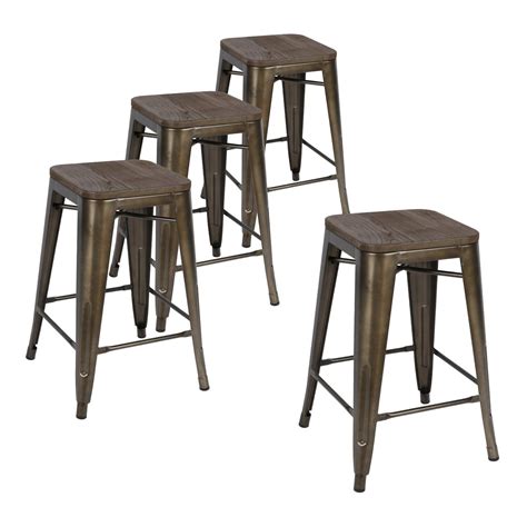 LCH 24 Inch Metal Industrial Bar Stools Set of 4 Indoor/Outdoor Counter ...