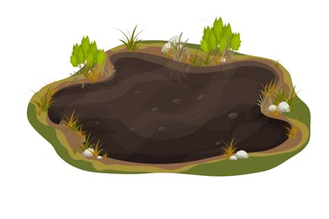 Dirty mud puddle, swamp with stone, grass in cartoon style isolated on white background. Natural ...