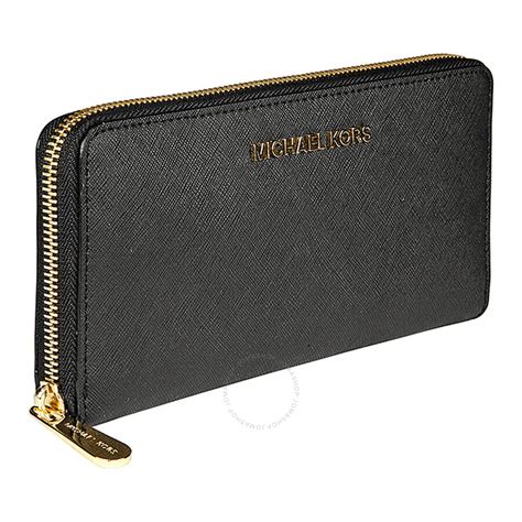 Michael Kors Travel Zip Around Black Leather Continental Wallet - Jet ...