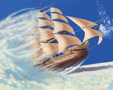 airship,clouds,clear sky,flying ship | Floating boat, Anime places, Airship