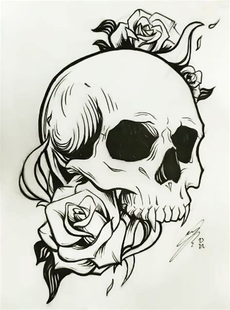 a drawing of a skull with roses on it