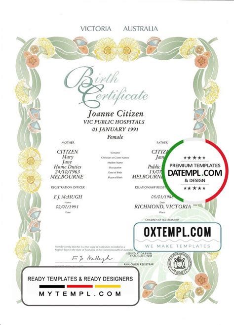 Australian Victoria state decorative (commemorative) birth certificate ...