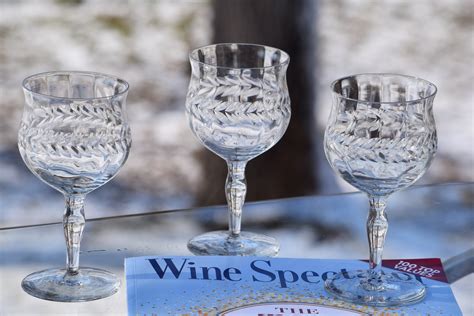 Vintage Etched Optic Wine Glasses, Set of 4, circa 1950's, Antique Wine Glasses, Elegant Wine ...