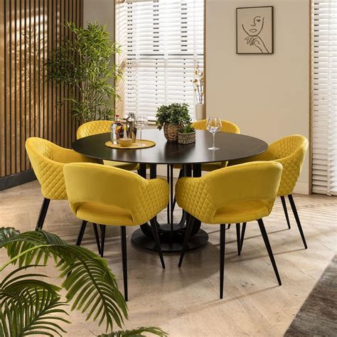 6 Seat Ceramic Marble Round Dining Table Chairs Set Black Yellow 150cm – Quatropi