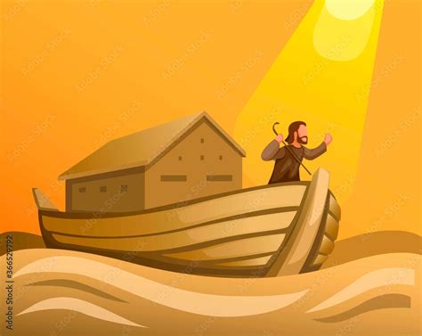 Noah in ark in great flood in biblical scene concept in cartoon ...