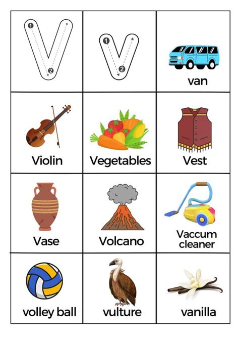 What Starts with Letter V Words Worksheets Printable PDF