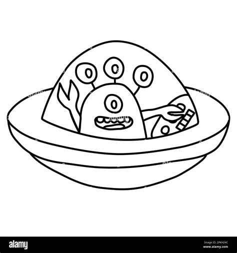 Friendly cartoon alien in spaceship or ufo, waving hand, doodle style flat vector outline ...
