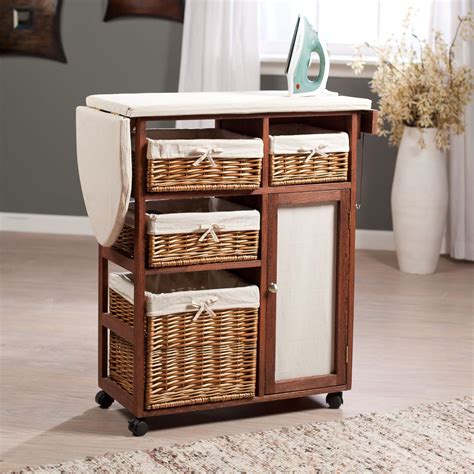 Foldable Sew Ironing Console Table Cabinet With Wicker Drawer Ironing Board Folding Wooden ...