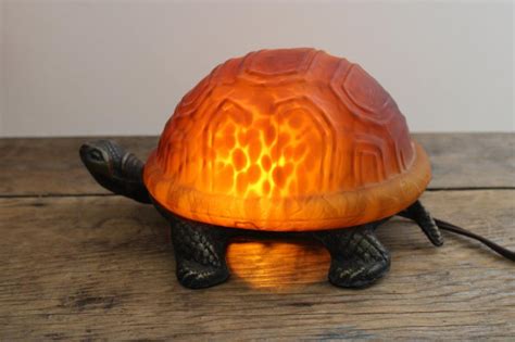 1990s vintage cast metal turtle lamp night light w/ tortoise shell glass shade