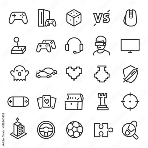 Vecteur Stock Video games icon set. Game genres and attributes. Linear design. Lines with ...