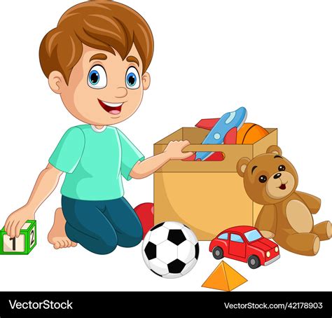 Cartoon little boy playing with many toys Vector Image