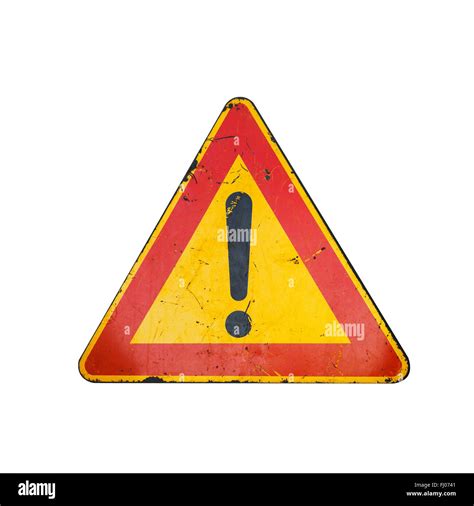 Bright red and yellow triangle warning road sign with exclamation mark isolated on white ...